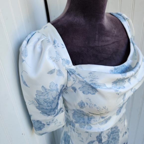 NWOT AW BRIDAL Dusty Blue White Peonies Satin Floral Mermaid Puff Sleeve Sz 0 - Picture 4 of 16